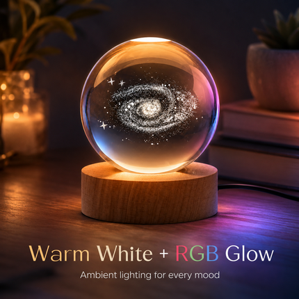 Galaxy Crystal Ball Night Light 8cm 3D Engraved - Wooden Base Warm White + RGB