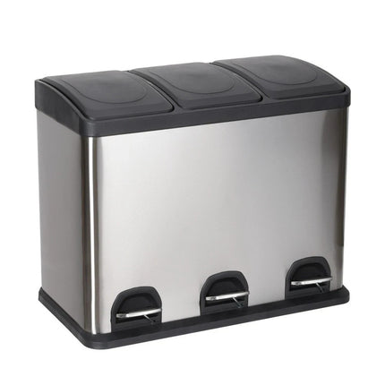 45L Triple Compartment Pedal Bin Stainless Steel Kitchen Waste Recycling 3x15L