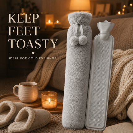 Extra Long 2.2L Hot Water Bottle Soft Fleece Cover Body Pain Relief Light Grey