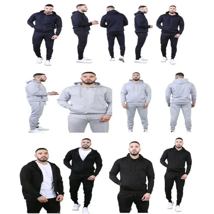 Mens Fleece Hoodie Contrast Top Bottom Gym Joggers Fitness Jogging Tracksuit Set