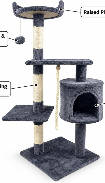 Multi Level Cat Tree 120cm Sisal Scratching Post Hammock Condo Climbing Tower
