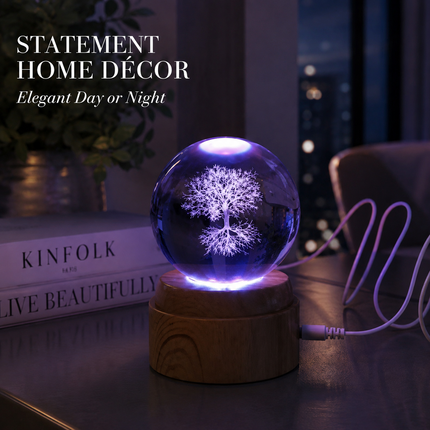 Tree of Life Crystal Ball 8cm LED Night Light Rotating Base USB Warm White + RGB