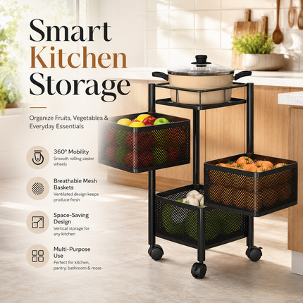 Storage Rack 4 Tier Rotating Kitchen Trolley Cart Vegetable Shelf Stand