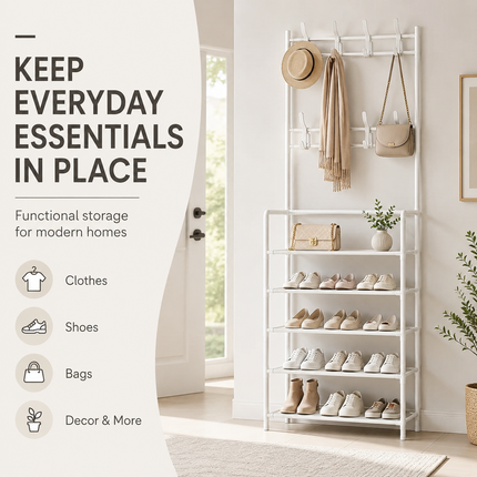 Coat Shoe Rack 5 Tier Entryway Storage Organizer Bench White