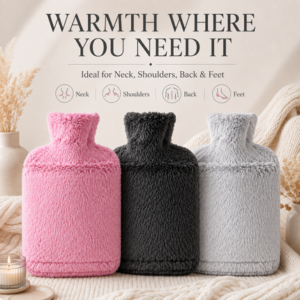 Hot Water Bottle Faux Fur Cover 2L Soft Leakproof Heat Bag Winter Warmer