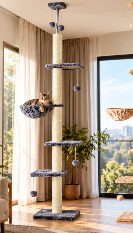Floor to Ceiling Cat Tree 252cm Multi Level Sisal Scratching Post Hammock Toy
