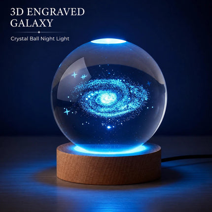 Galaxy Crystal Ball Night Light 8cm 3D Engraved - Wooden Base Warm White + RGB