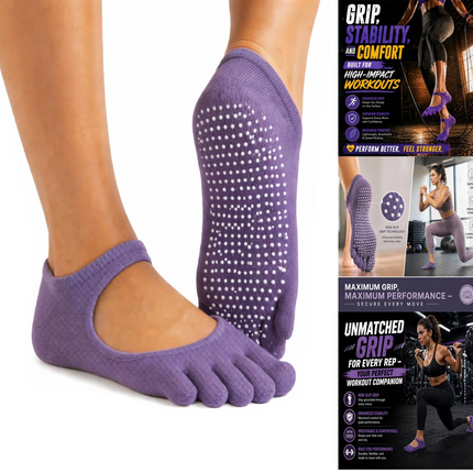 Toe Yoga Socks Purple Balance Pilates & Barre Workout Adults Non Slip Grip Socks