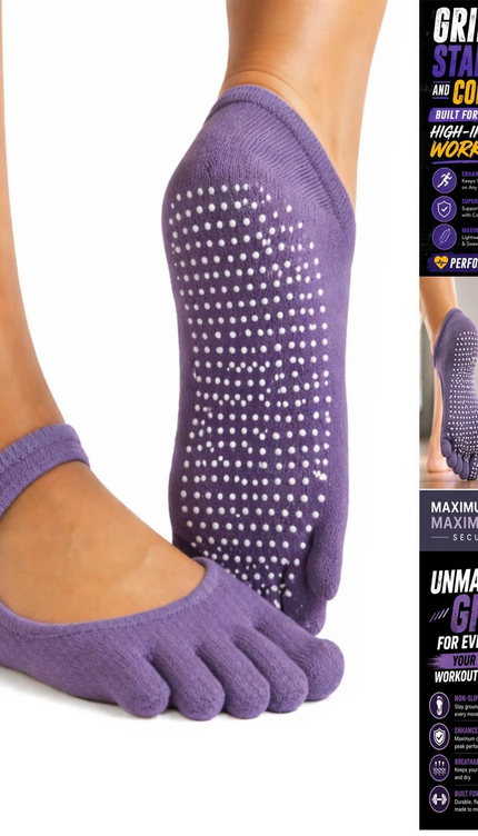 Toe Yoga Socks Purple Balance Pilates & Barre Workout Adults Non Slip Grip Socks