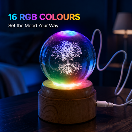 Tree of Life Crystal Ball 6cm LED Night Light Rotating Base USB Warm White + RGB