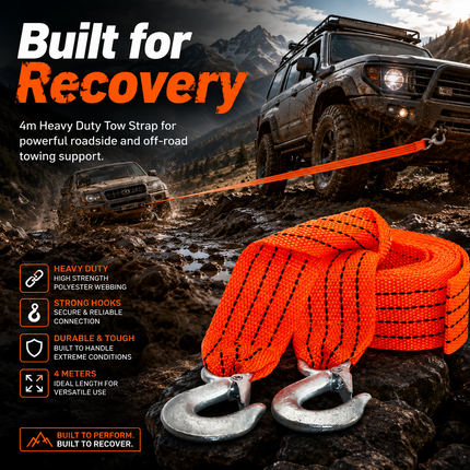 Tow Strap With Hooks 4m Heavy Duty Recovery Belt