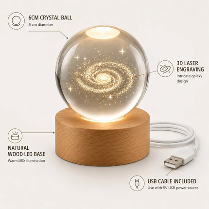3D Engraved Galaxy Crystal Ball Night Light 6cm USB Wooden Base Warm White + RGB