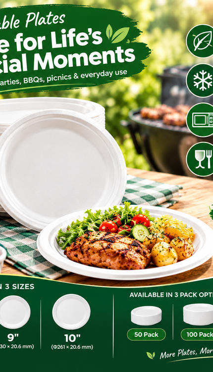 Disposable Paper Plates White Biodegradable Sugarcane Plates Party BBQ Picnic