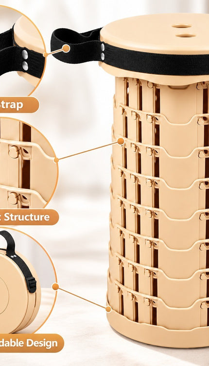 Retractable Folding Stool 45cm Portable Telescopic Seat (Beige)