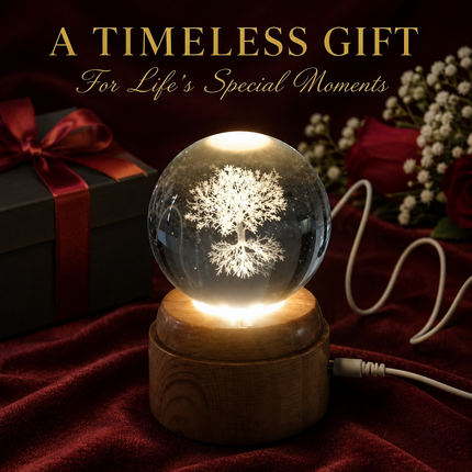 Tree of Life Crystal Ball 8cm LED Night Light Rotating Base USB Warm White + RGB