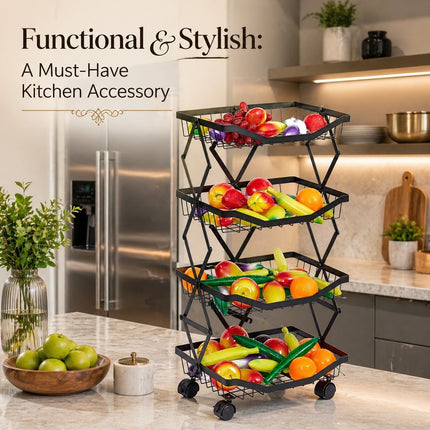 4 Tier Folding Rolling Fruit & Vegetable Storage Trolley Kitchen Cart With Wheel