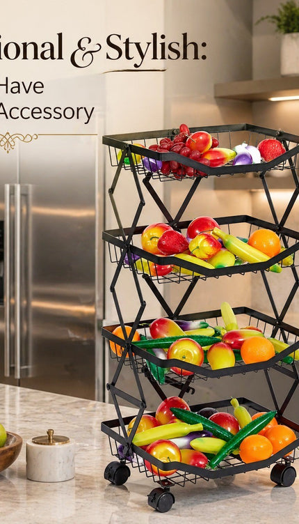4 Tier Folding Rolling Fruit & Vegetable Storage Trolley Kitchen Cart With Wheel