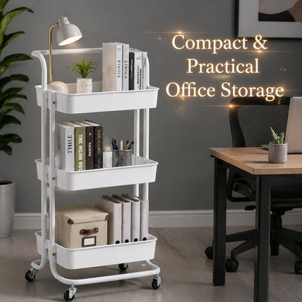 3-Tier White Metal Rolling Cart