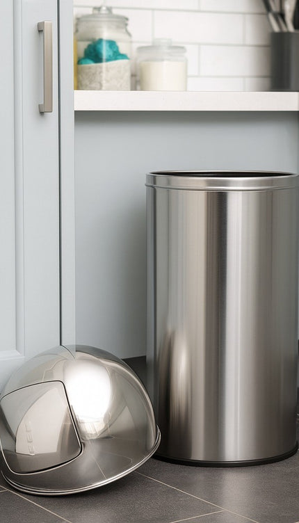 50L Stainless Steel Trash Bin Cylindrical Waste Can Swing Lid Indoor Outdoot
