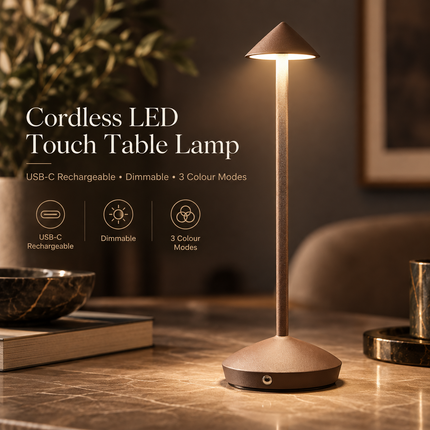Cordless LED Touch Table Lamp 3W USB-C Rechargeable Dimmable 3 Colour Modes