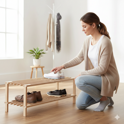 2 Tier Shoe Rack Organiser Natural Slatted Wood Footwear Stand Storage Shelf