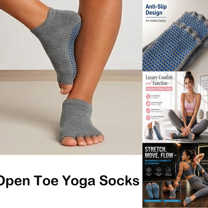 Open Toe Yoga Socks Light Grey Balance Comfort & Non Slip Grip Exercise Socks