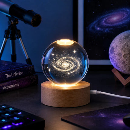 3D Engraved Galaxy Crystal Ball Night Light 6cm USB Wooden Base Warm White + RGB