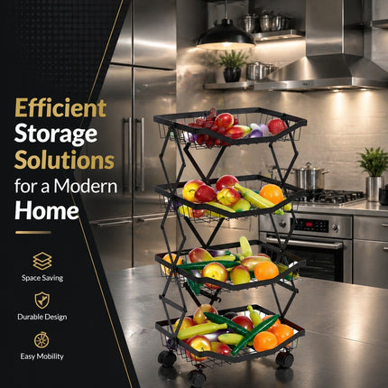 4/5 Tier Folding Rolling Fruit & Vegetable Storage Trolley Kitchen Cart on Wheel