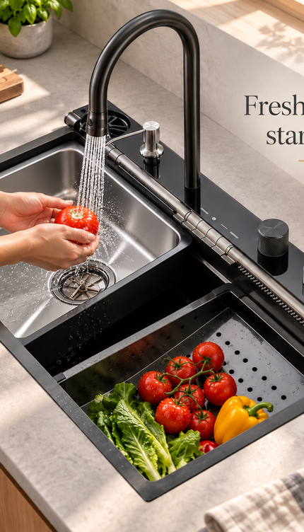 Stainless Steel Waterfall Kitchen Sink Single Bowl 78x48cm Kitchen Workstation