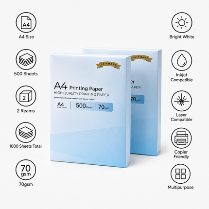 A4 Printer Paper 70gsm 1000 Sheets White 2 Ream Multipurpose Inkjet Laser Copier