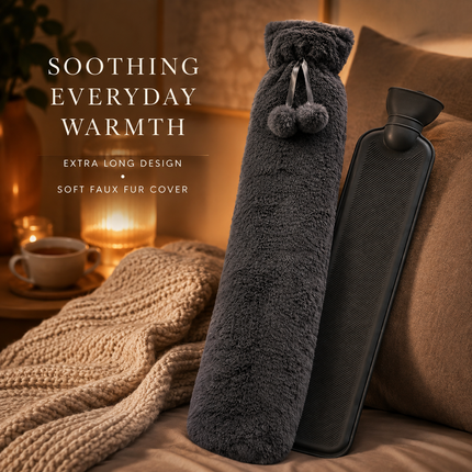 Extra Long 2.2L Hot Water Bottle Soft Fleece Cover Body Pain Relief Dark Grey