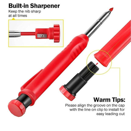 Carpenter Pencil Set + 6 Refills Deep Hole Mechanical Construction Tool Leads