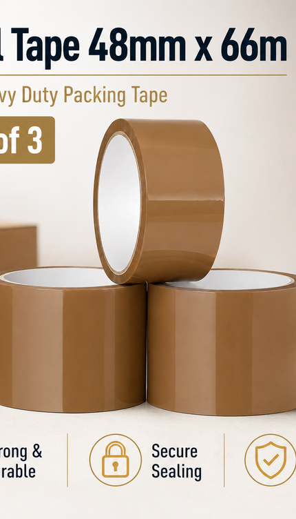 Heavy Duty Brown Parcel Tape – 3 Rolls, 48mm × 66m