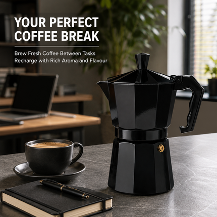 Moka Pot Black Stovetop Aluminium Italian Espresso Ground Coffee Maker 300ml