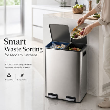 40L Pedal Bin Stainless Steel 2x20L Double Compartment Home Office Waste Can