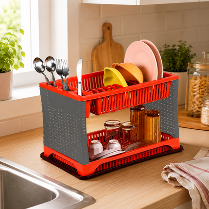 Dish Drainer Rack With Drip Tray 2 Tier Sink Drying Plate Bowl Cutlery Holder