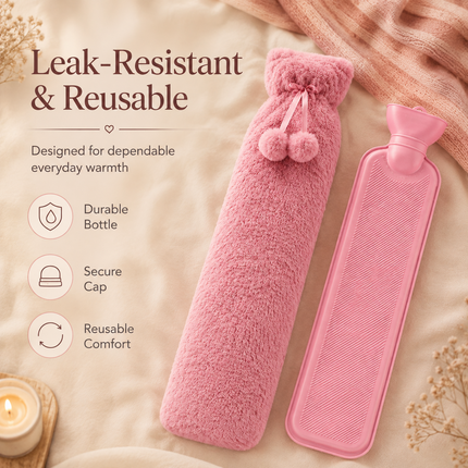 Extra Long 2.2L Hot Water Bottle Soft Fleece Cover Neck Back Pain Relief - Pink