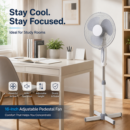 16” Fan Pedestal Oscillating Adjustable Height 3 Speed Powerful Airflow