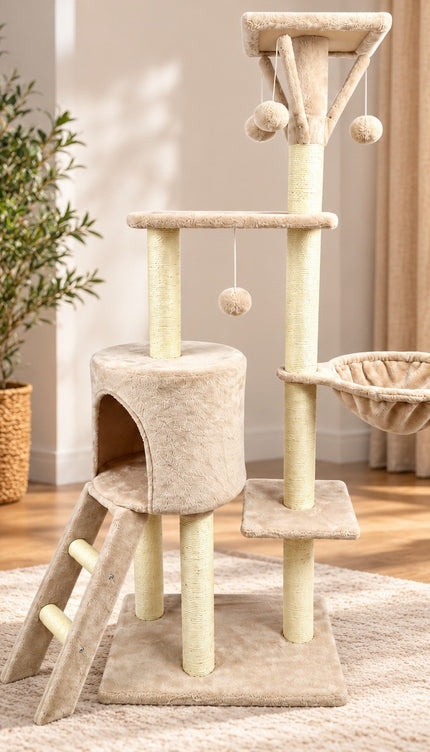 Multi Level Cat Tree 145cm Sisal Scratching Post Hammock Condo Climbing Tower