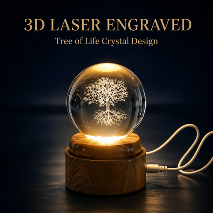 Tree of Life Crystal Ball 6cm LED Night Light Rotating Base USB Warm White + RGB