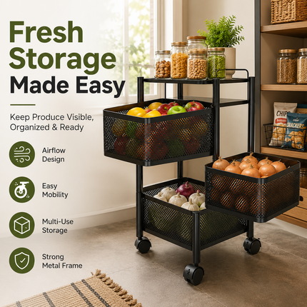 Storage Rack 4 Tier Rotating Kitchen Trolley Cart Vegetable Shelf Stand
