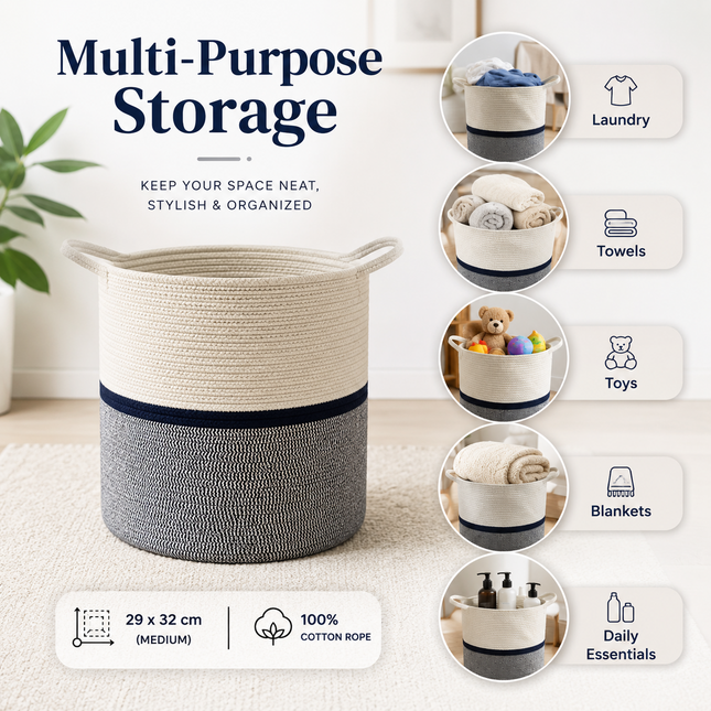Cotton Rope Basket Toy Storage Laundry Hamper Medium Cloth Organizer