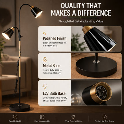 Floor Lamp with Dual Heads E27 Reading Light Modern Rotating Adjustable for Home