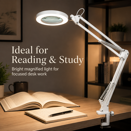 3X Magnifying Desk Lamp LED Light Dimmable 3 Light Colour Step Dimming Swing Arm