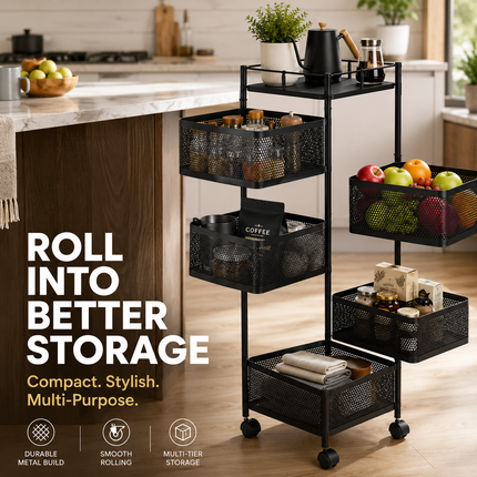 Storage Rack 6 Tier Rotating Kitchen Vegetable Trolley Cart Organizer Shelf