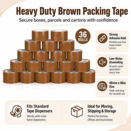 Parcel Tape 48mm X 66m Strong Heavy Duty for Secure Box Packing 36-Rolls Brown