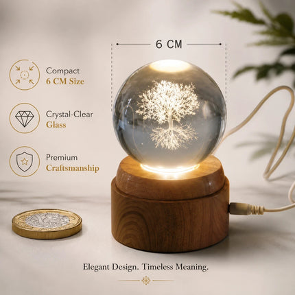 Tree of Life Crystal Ball 6cm LED Night Light Rotating Base USB Warm White + RGB