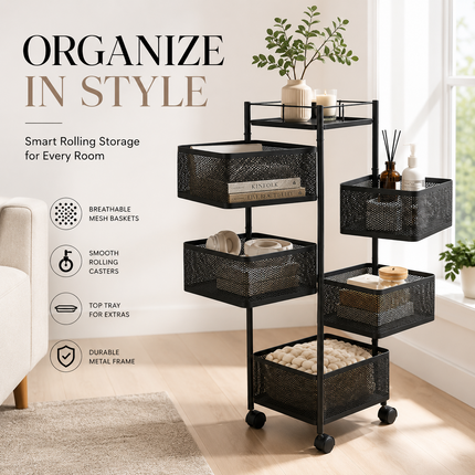 Storage Rack 6 Tier Rotating Kitchen Vegetable Trolley Cart Organizer Shelf