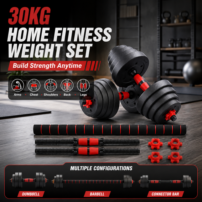 Adjustable Dumbbell Barbell Kettlebell 30KG Weight Set Home Gym Fitness 6 in 1
