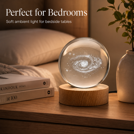 Galaxy Crystal Ball Night Light 8cm 3D Engraved - Wooden Base Warm White + RGB